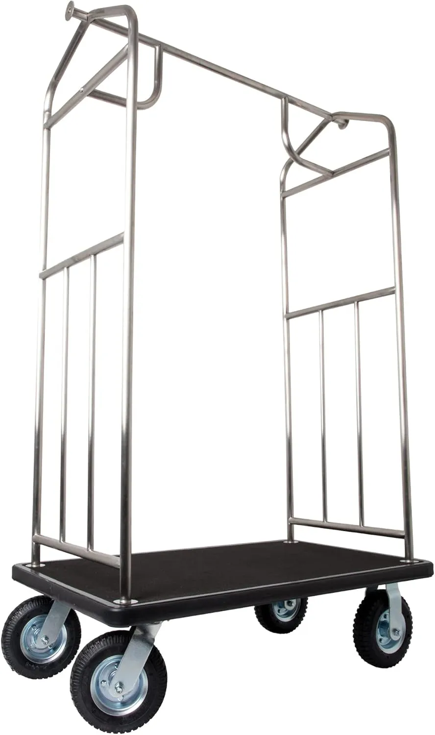 Value Valet Hotel Luggage Cart – for Commercial Use, Condos, Resorts – Stainless Steel Bellman Trolley Cart w/ 6” Air Filled Tires & Black Carpet, 800 lb Load Capacity