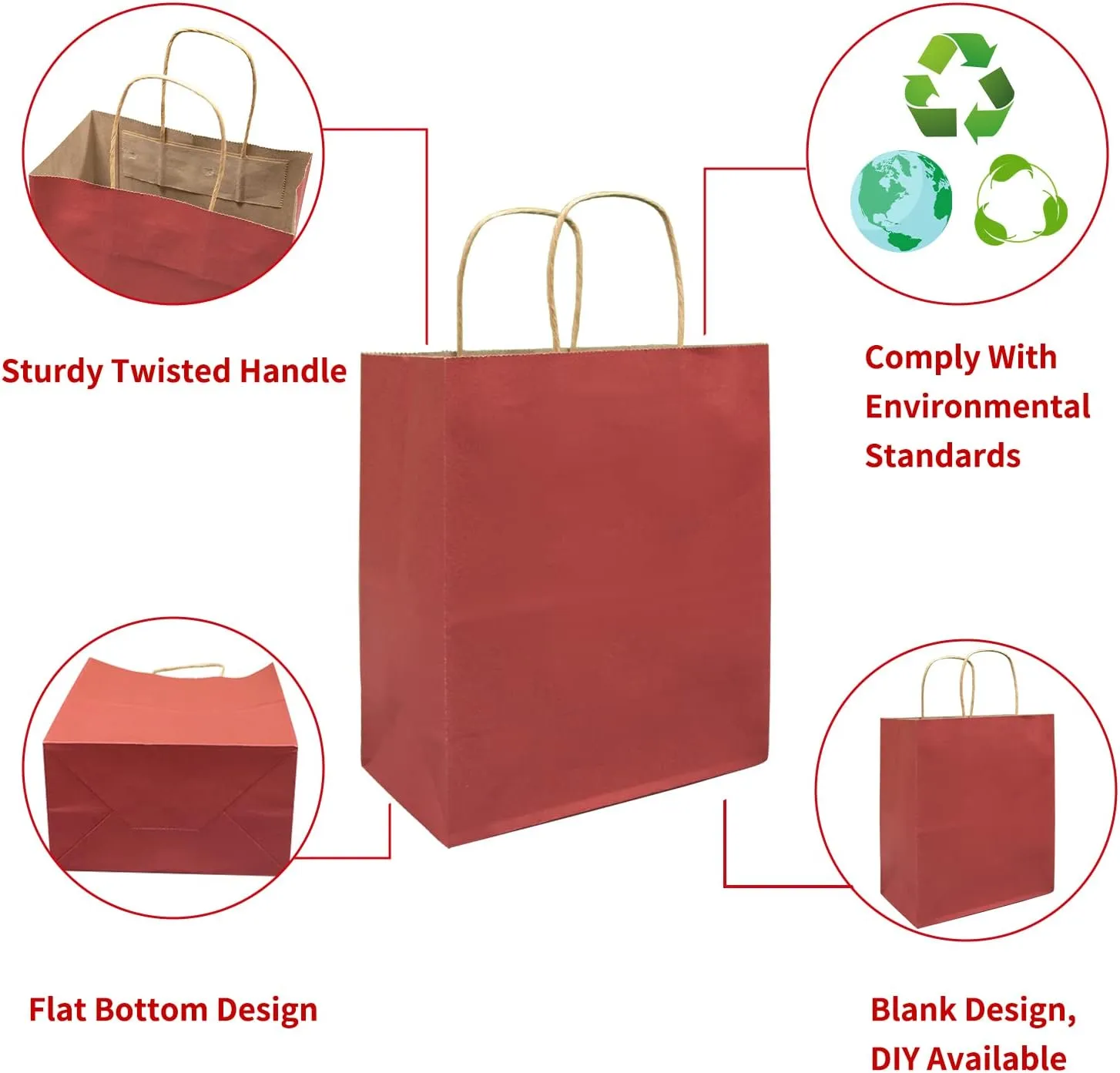 Vanhel 50 PCS Red Paper Gift Bags: 8x4.25x10.5 Inch Bags with Handles, Ideal for Christmas, Halloween, Tail, Commercial & Wedding Events