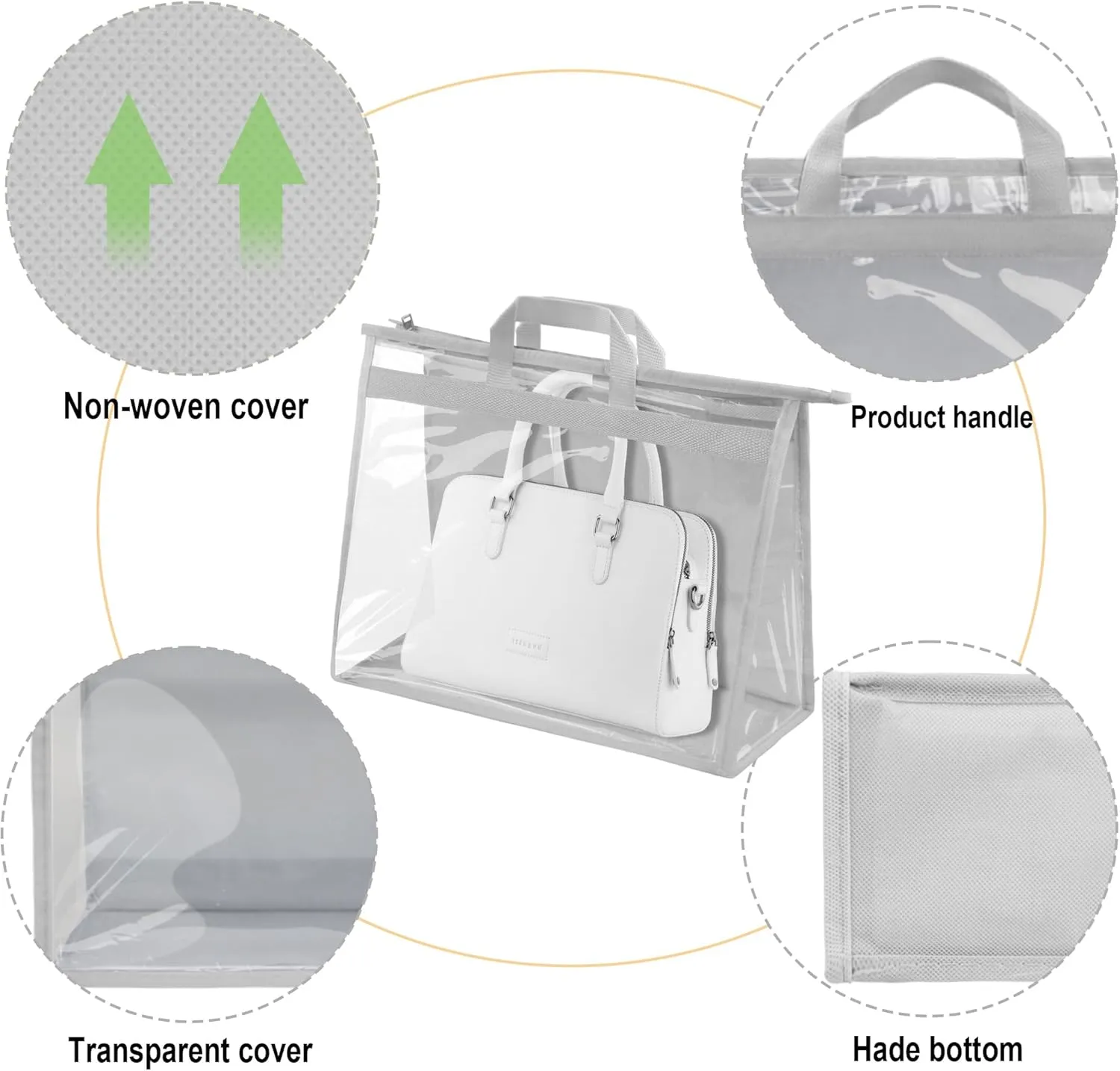 Vercord Clear PVC Handbag Dust-Free Cover Moistureproof Purse Storage Bag Organizer with Handle Zipper Space-Save Holder for Closet Grey XXL 3Pcs