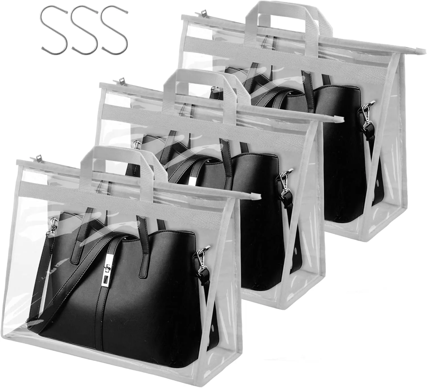 Vercord Clear PVC Handbag Dust-Free Cover Moistureproof Purse Storage Bag Organizer with Handle Zipper Space-Save Holder for Closet Grey XXL 3Pcs