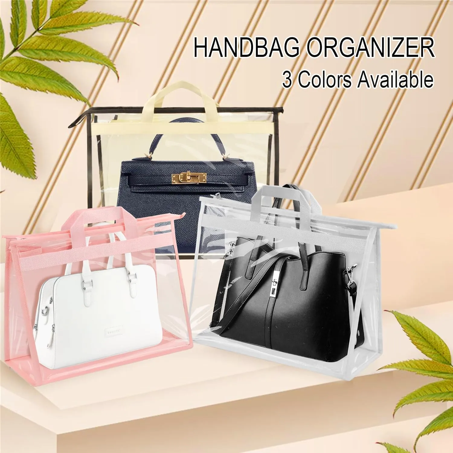 Vercord Clear PVC Handbag Dust-Free Cover Moistureproof Purse Storage Bag Organizer with Handle Zipper Space-Save Holder for Closet Grey XXL 3Pcs