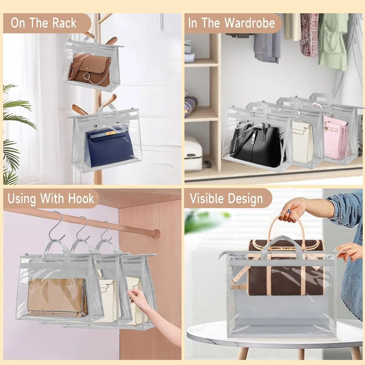 Vercord Clear PVC Handbag Dust-Free Cover Moistureproof Purse Storage Bag Organizer with Handle Zipper Space-Save Holder for Closet Grey XXL 3Pcs