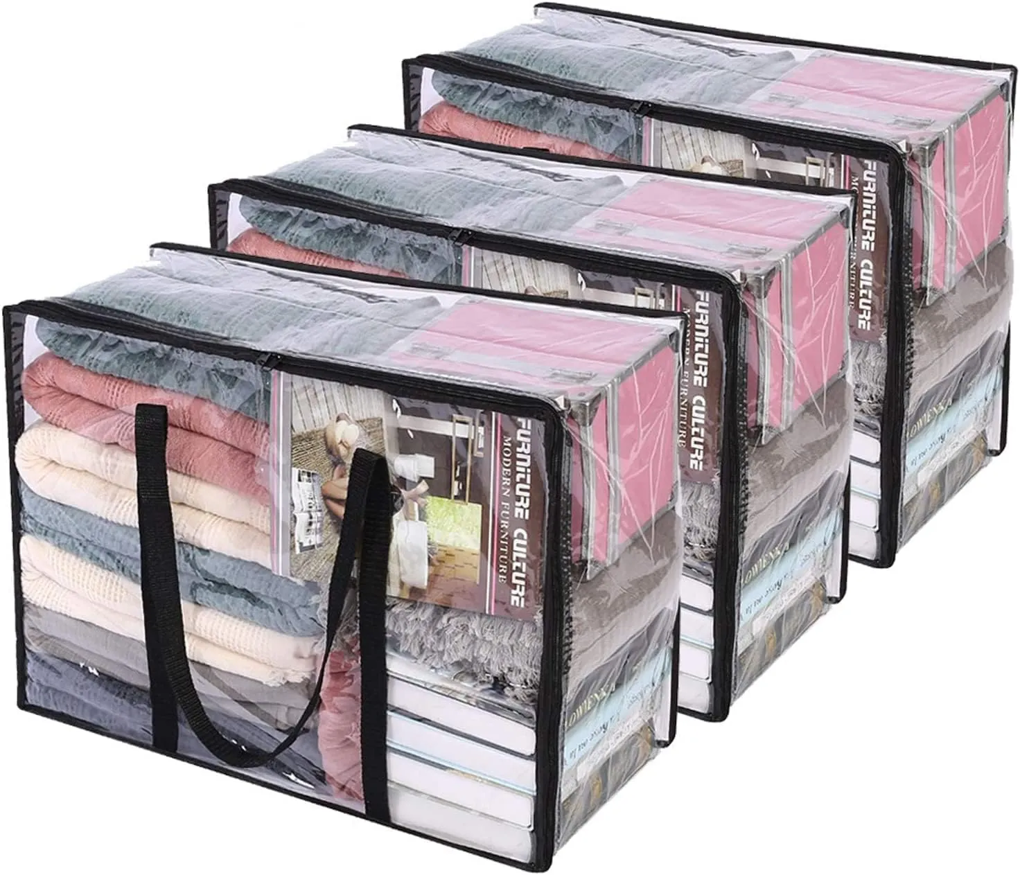 Vieshful 3 Pack Clear Clothes Storage Bag, 40L Plastic Blanket Storage Bag with Zipper, Foldable Closet Organizer, Moving bags for Comforter, Blanket, Bedding, Duvet, Toys