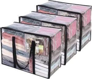 Vieshful 3 Pack Clear Clothes Storage Bag, 40L Plastic Blanket Storage Bag with Zipper, Foldable Closet Organizer, Moving bags for Comforter, Blanket, Bedding, Duvet, Toys