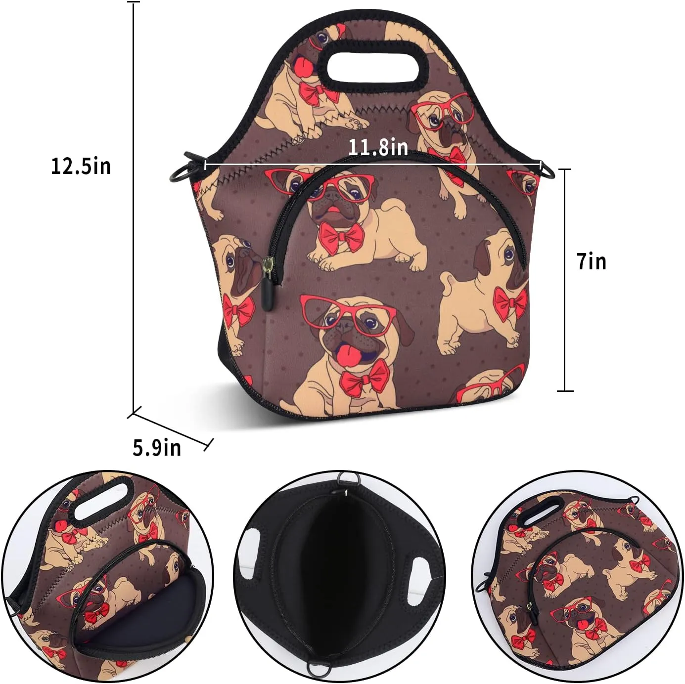 Violet Mist Neoprene Lunch Bag Reusable Insulated Cartoon Pug Snack Bags Dog Anime Animal Work Picnic Travel Tote Food Handbag