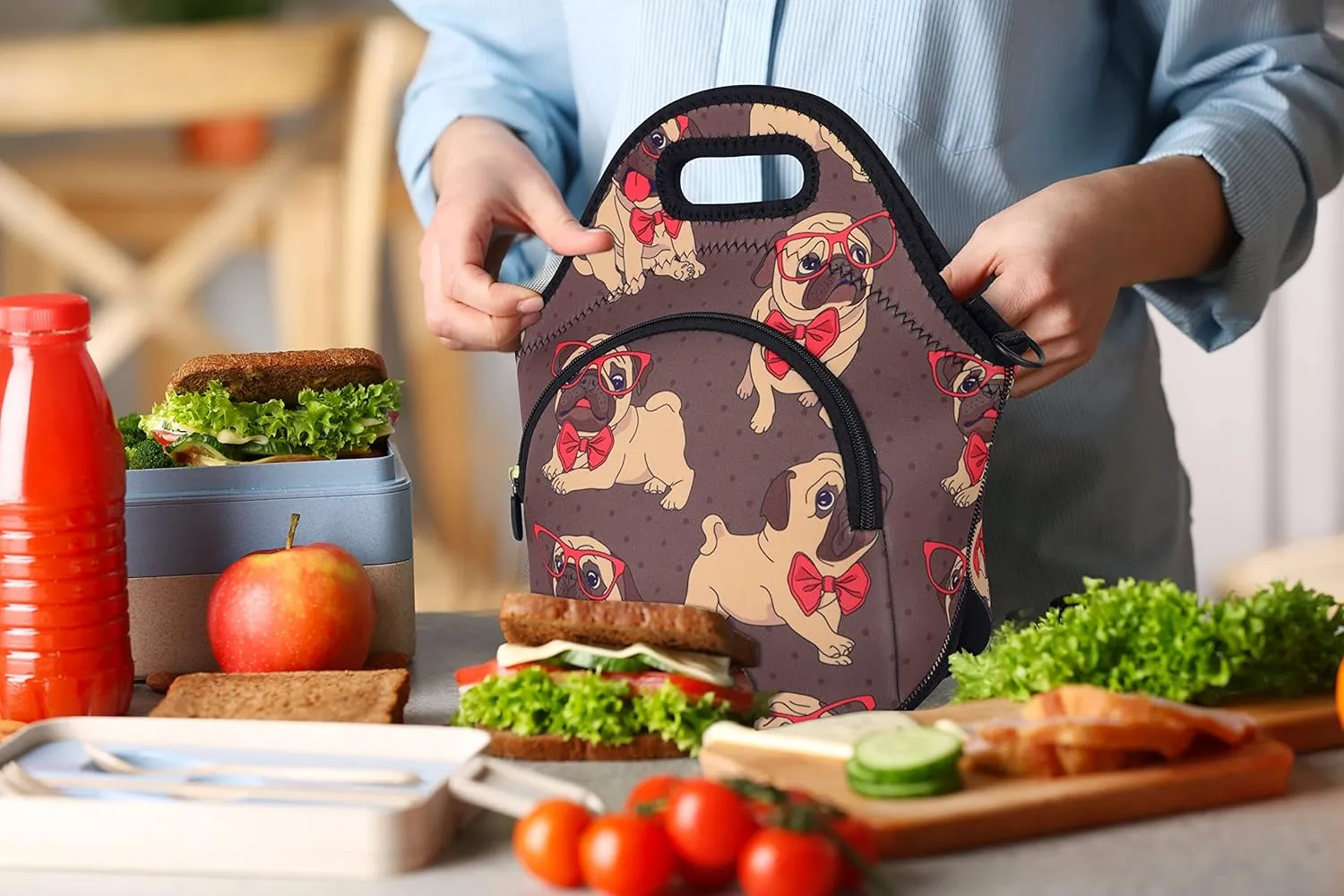 Violet Mist Neoprene Lunch Bag Reusable Insulated Cartoon Pug Snack Bags Dog Anime Animal Work Picnic Travel Tote Food Handbag