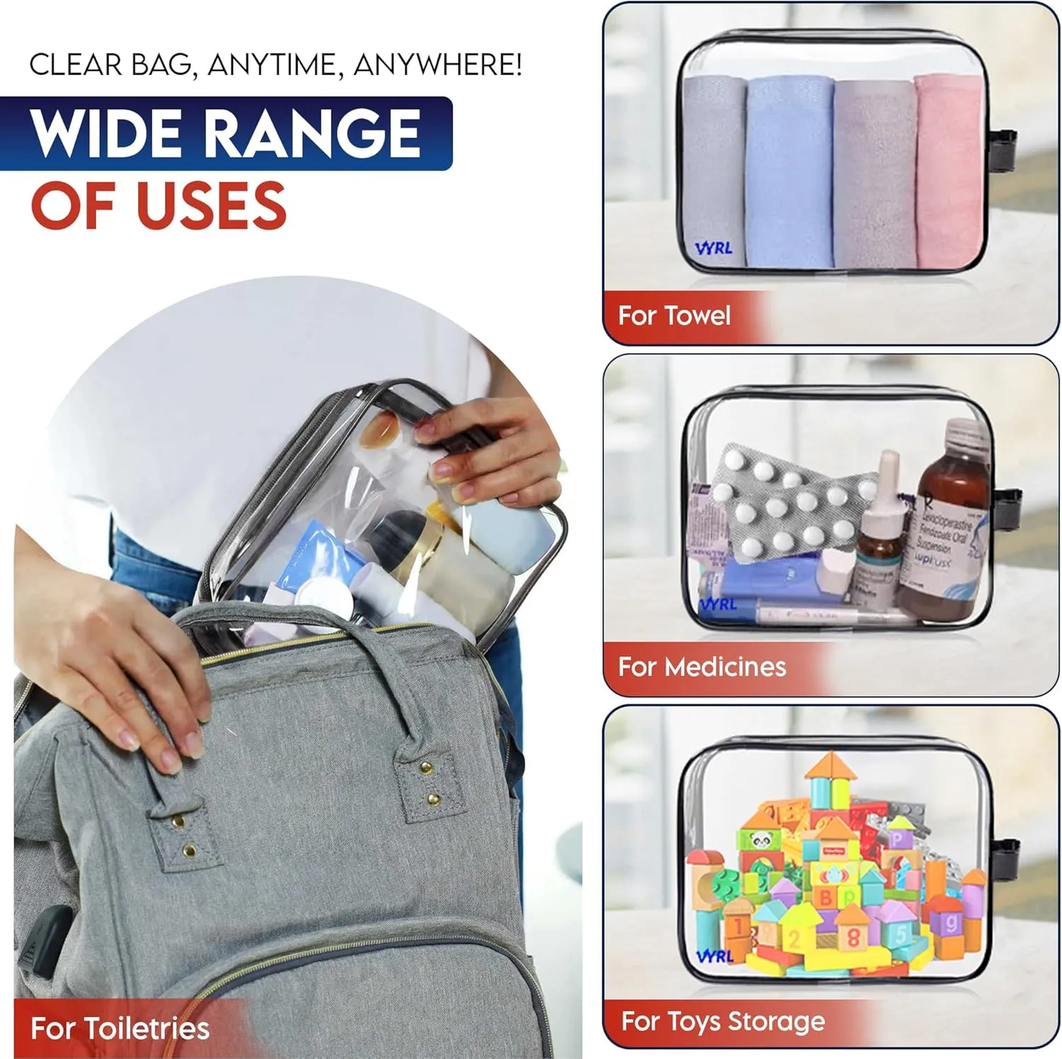 VYRL 12 Pack Clear Makeup Bag - Quart Size 3-1-1 TSA Approved Toiletry Bag with Zipper - Water-Resistant Durable PVC Clear Toiletry pouches for Carry-on Airport Travel Accessories - Black