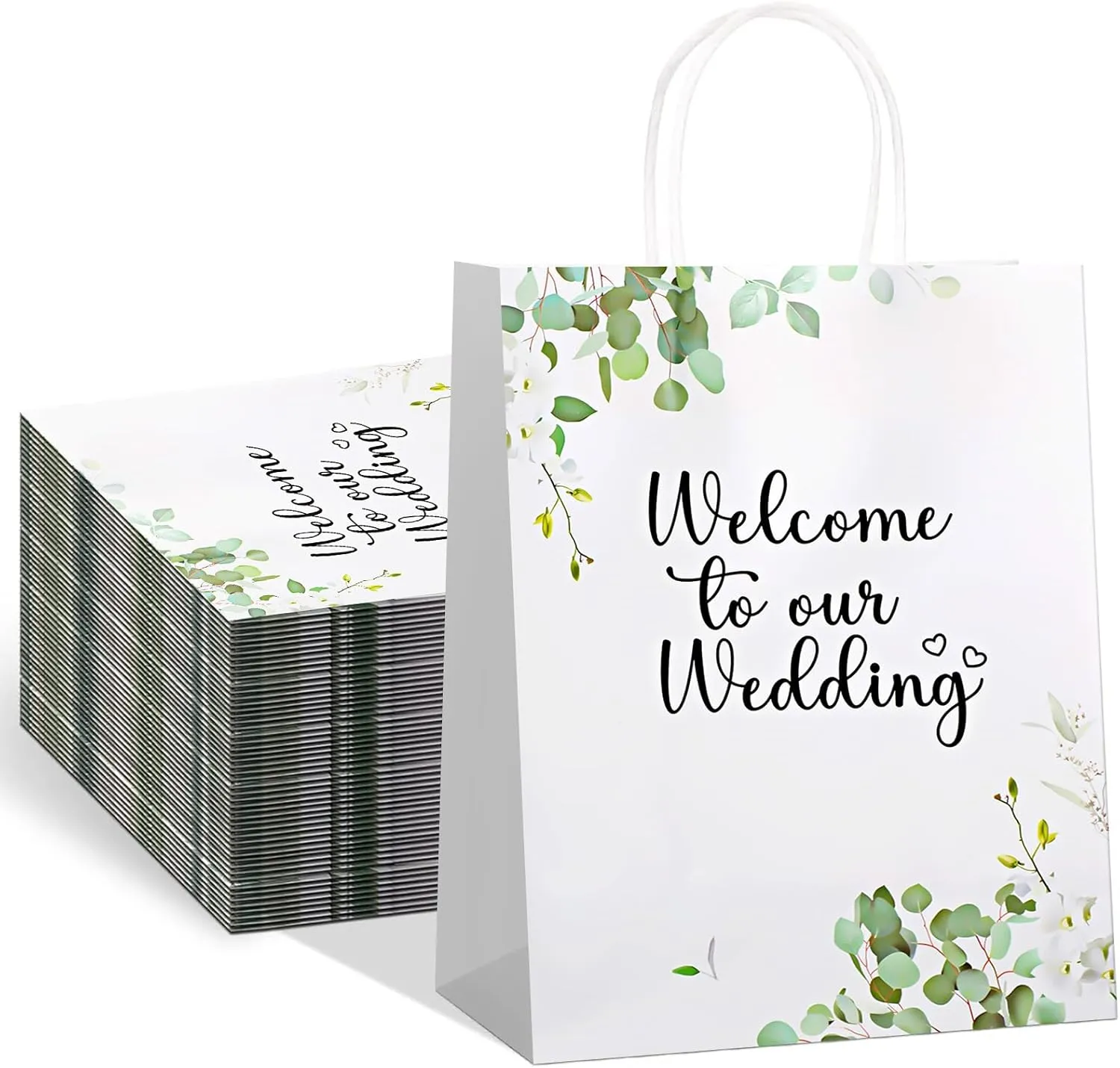 Watersay 50 Pcs Wedding Welcome Paper Gift Bags for Guests Bulk 8.3 x 4.3 x 10.6 Inch Welcome to Our Wedding Paper Gift Bags for Party Favors Supplies