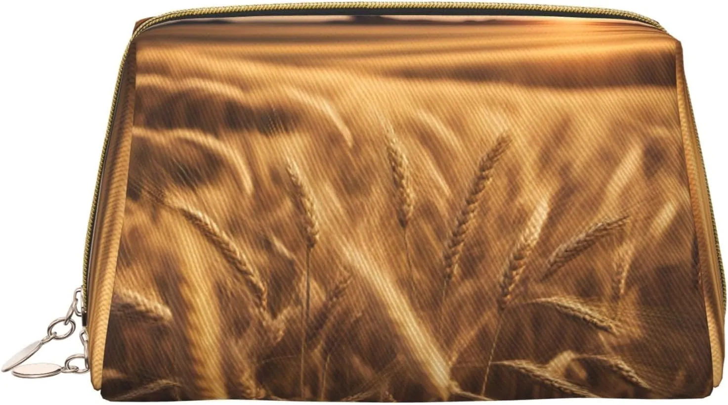 Wheat Field Print Leather zipper makeup bag Cosmetic Pouch Travel Organizer Toiletry Clutch