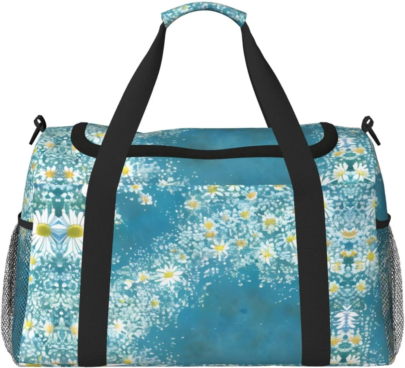 White Blue Daisy print Large Canvas Travel Duffel Bag Weekender Bags for Women Overnight Bag Carry On Tote Bag