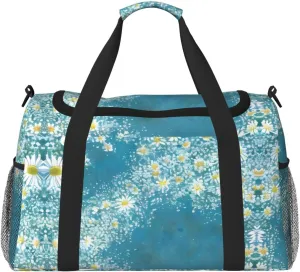White Blue Daisy print Large Canvas Travel Duffel Bag Weekender Bags for Women Overnight Bag Carry On Tote Bag