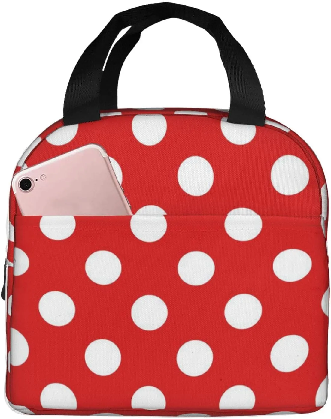 White Red Polka Dots Lunch Bags For Women Insulated Reusable Lunch Box Cooler Tote Bag Portable Handbag For Men Work Hiking Picnic Office