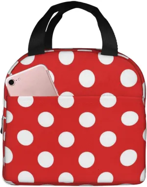 White Red Polka Dots Lunch Bags For Women Insulated Reusable Lunch Box Cooler Tote Bag Portable Handbag For Men Work Hiking Picnic Office