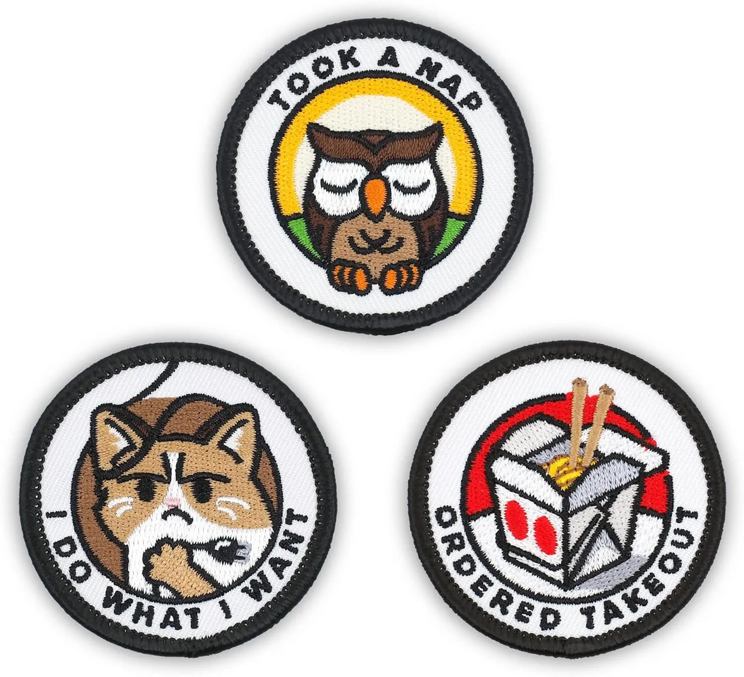 Winks For Days Adulting Merit Badge Embroidered Iron-On Patches (Achievements - Set 4) - Includes Three (3) 2” Patches: I Do What I Want, Took A Nap, and Ordered Takeout