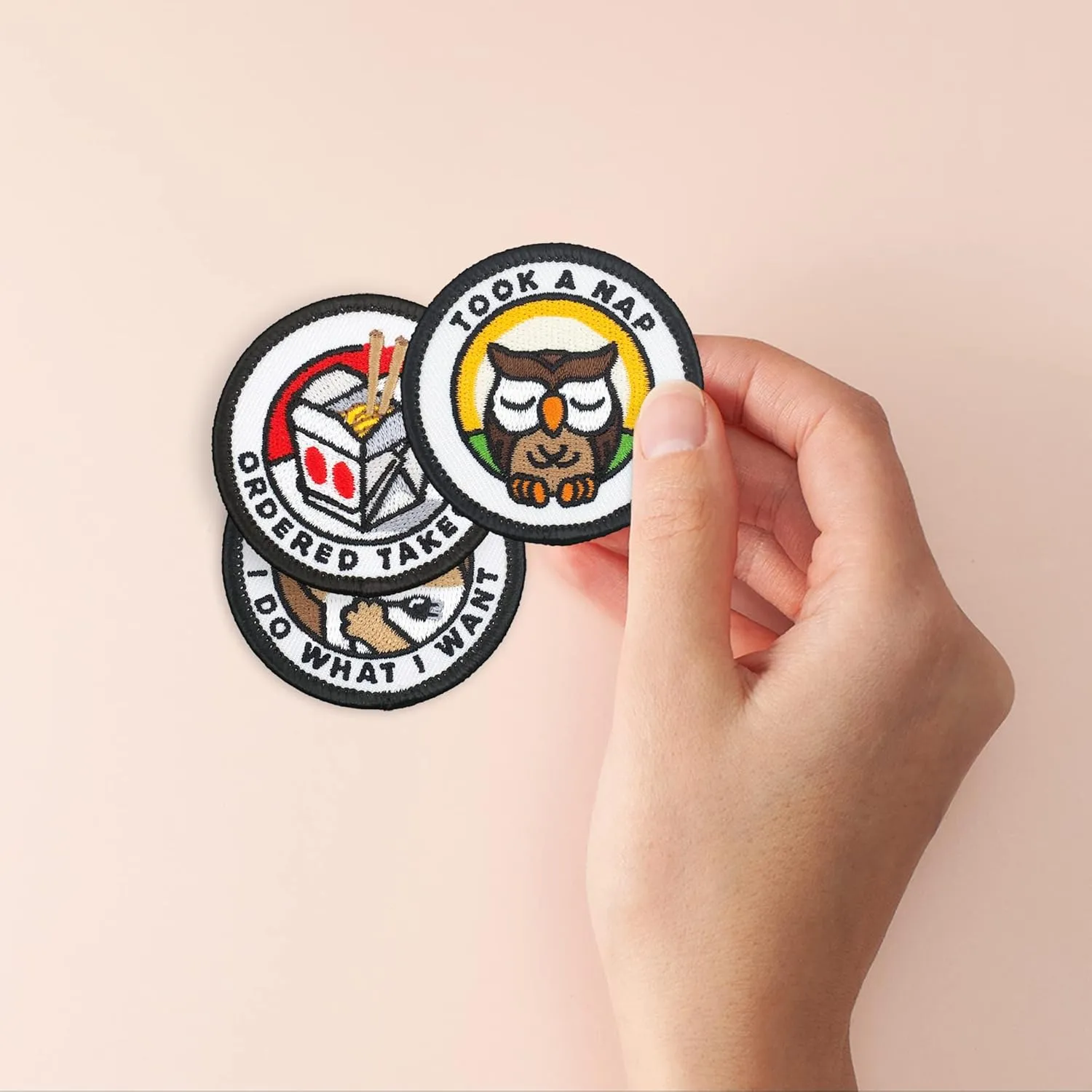 Winks For Days Adulting Merit Badge Embroidered Iron-On Patches (Achievements - Set 4) - Includes Three (3) 2” Patches: I Do What I Want, Took A Nap, and Ordered Takeout