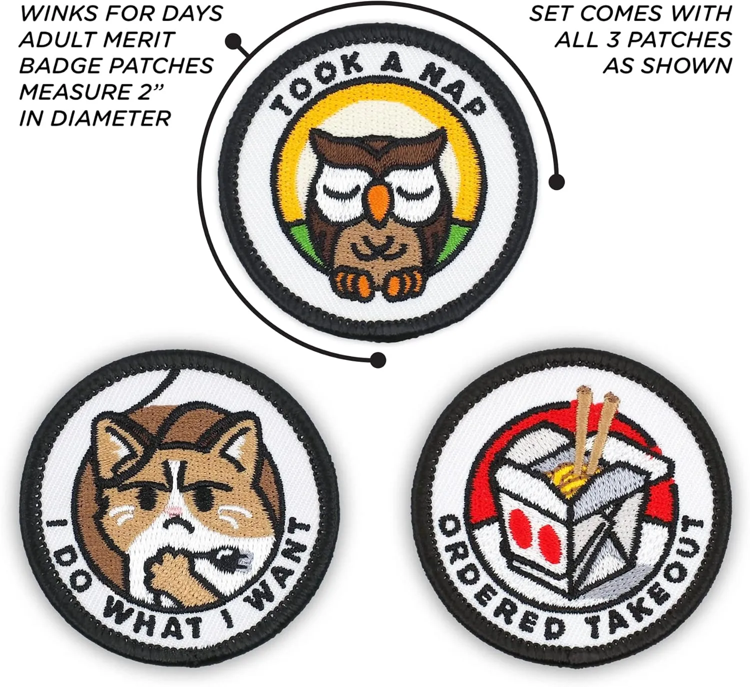 Winks For Days Adulting Merit Badge Embroidered Iron-On Patches (Achievements - Set 4) - Includes Three (3) 2” Patches: I Do What I Want, Took A Nap, and Ordered Takeout