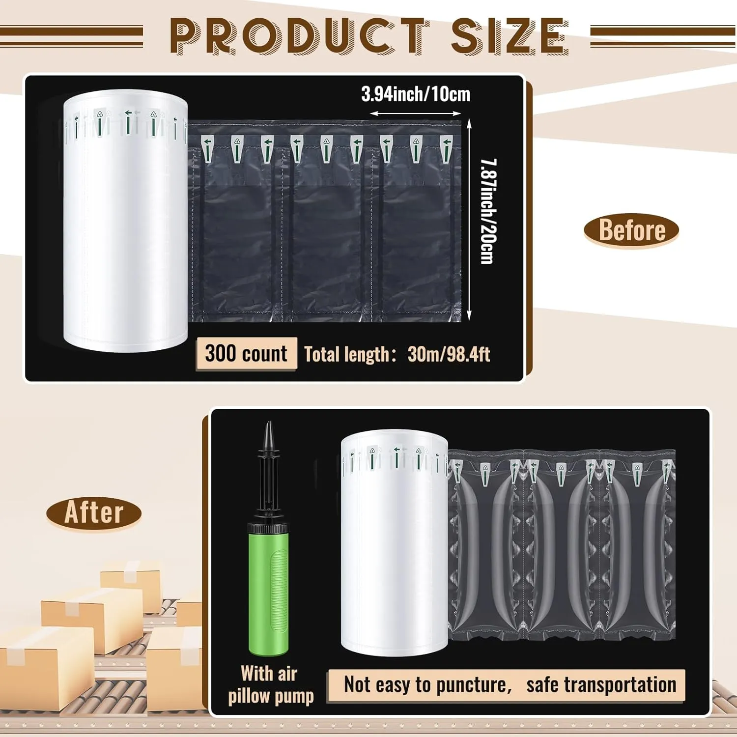 Woanger 1000 Count 4" x 8" Air Pillows for Shipping Inflatable Air Pockets Bags Cushioning Bubbles Material Box Filler Purse Stuffing to Keep Shape Alternative Packing Fill with Pump for Moving