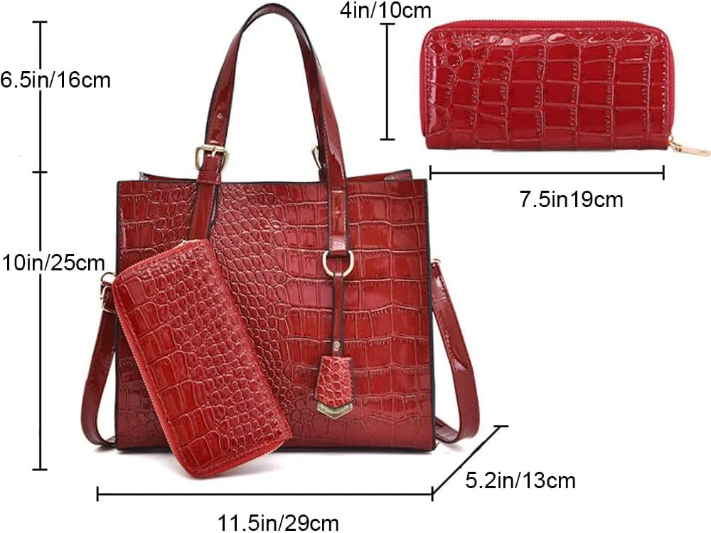 Women Handbags and Wallet 2Pcs Set Glossy Crocodile Pattern Leather Purses Satchel Handbag Tote Bags Shoulder Clutch