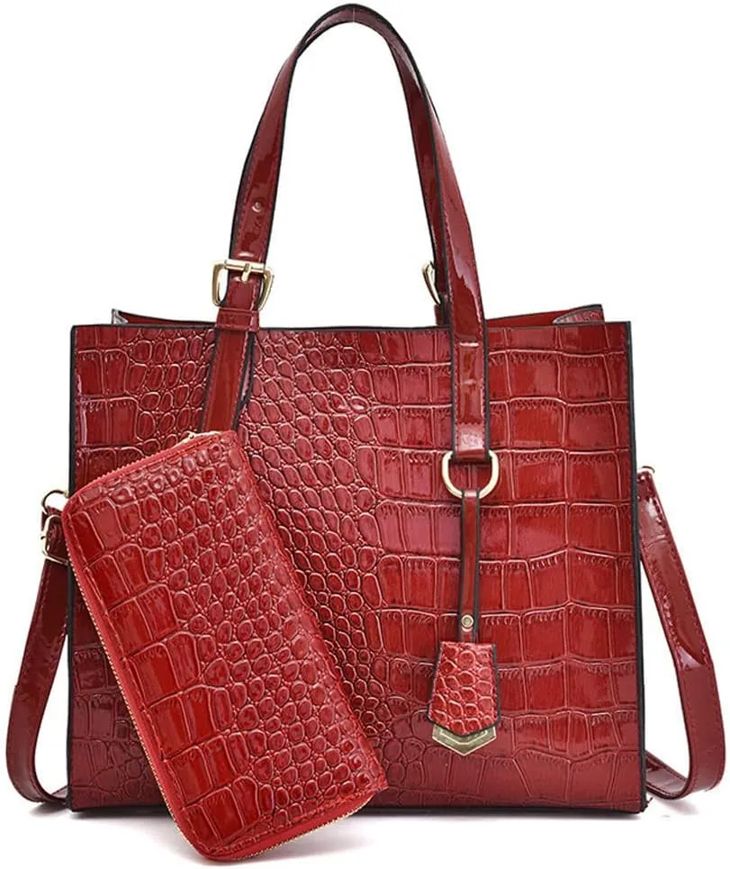 Women Handbags and Wallet 2Pcs Set Glossy Crocodile Pattern Leather Purses Satchel Handbag Tote Bags Shoulder Clutch