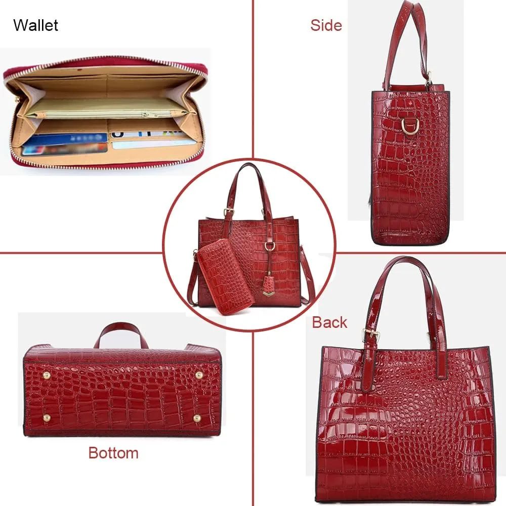 Women Handbags and Wallet 2Pcs Set Glossy Crocodile Pattern Leather Purses Satchel Handbag Tote Bags Shoulder Clutch