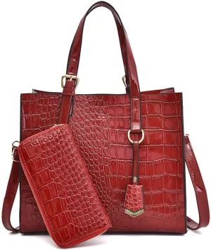 Women Handbags and Wallet 2Pcs Set Glossy Crocodile Pattern Leather Purses Satchel Handbag Tote Bags Shoulder Clutch