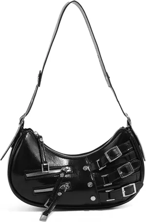 Women's Glossy Multi Buckle Retro Hobo Bags PU Leather Underarm Purses Zipper Clutch Shoulder Strap Y2K Tote Handbags