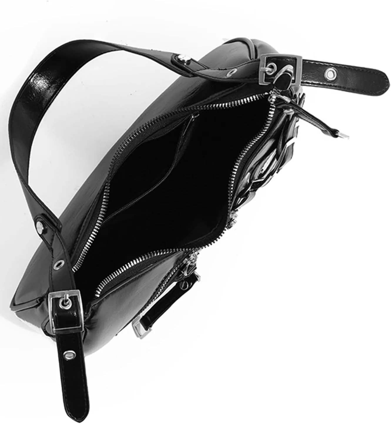 Women's Glossy Multi Buckle Retro Hobo Bags PU Leather Underarm Purses Zipper Clutch Shoulder Strap Y2K Tote Handbags
