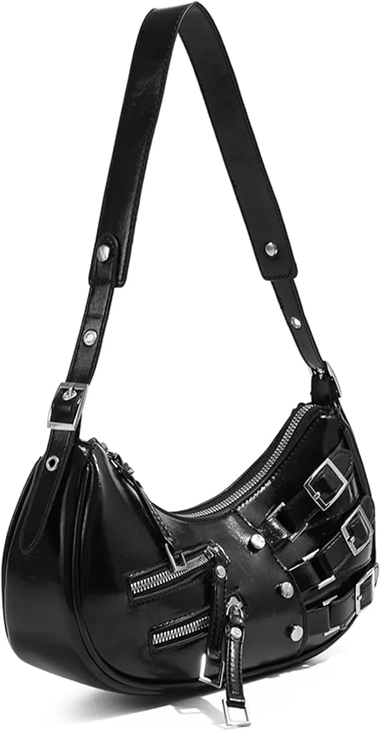 Women's Glossy Multi Buckle Retro Hobo Bags PU Leather Underarm Purses Zipper Clutch Shoulder Strap Y2K Tote Handbags