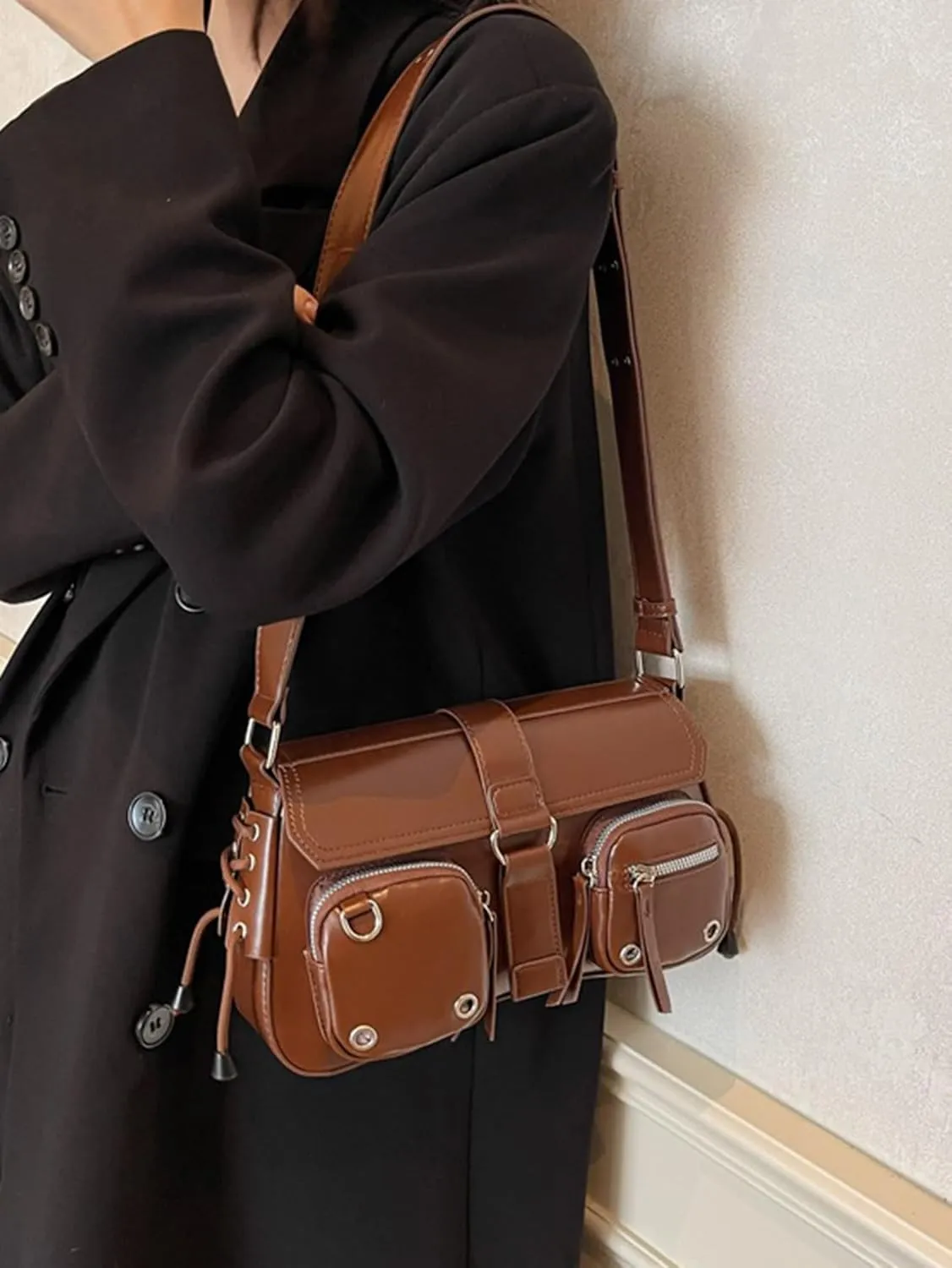 Women's Glossy Y2K Buckle Retro Boho Bags PU Leather Clutch Purses Shoulder Strap Message Handbags