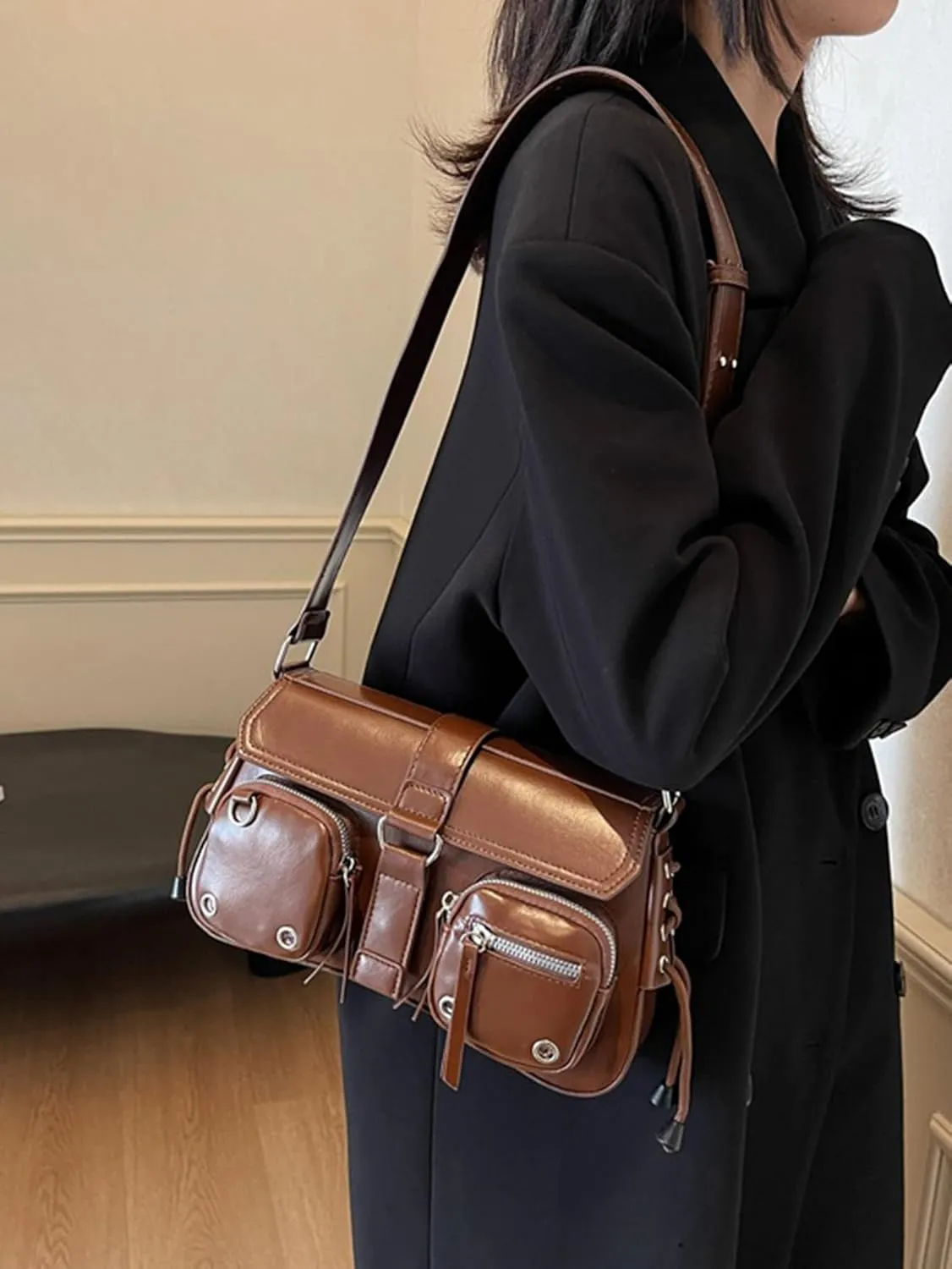 Women's Glossy Y2K Buckle Retro Boho Bags PU Leather Clutch Purses Shoulder Strap Message Handbags