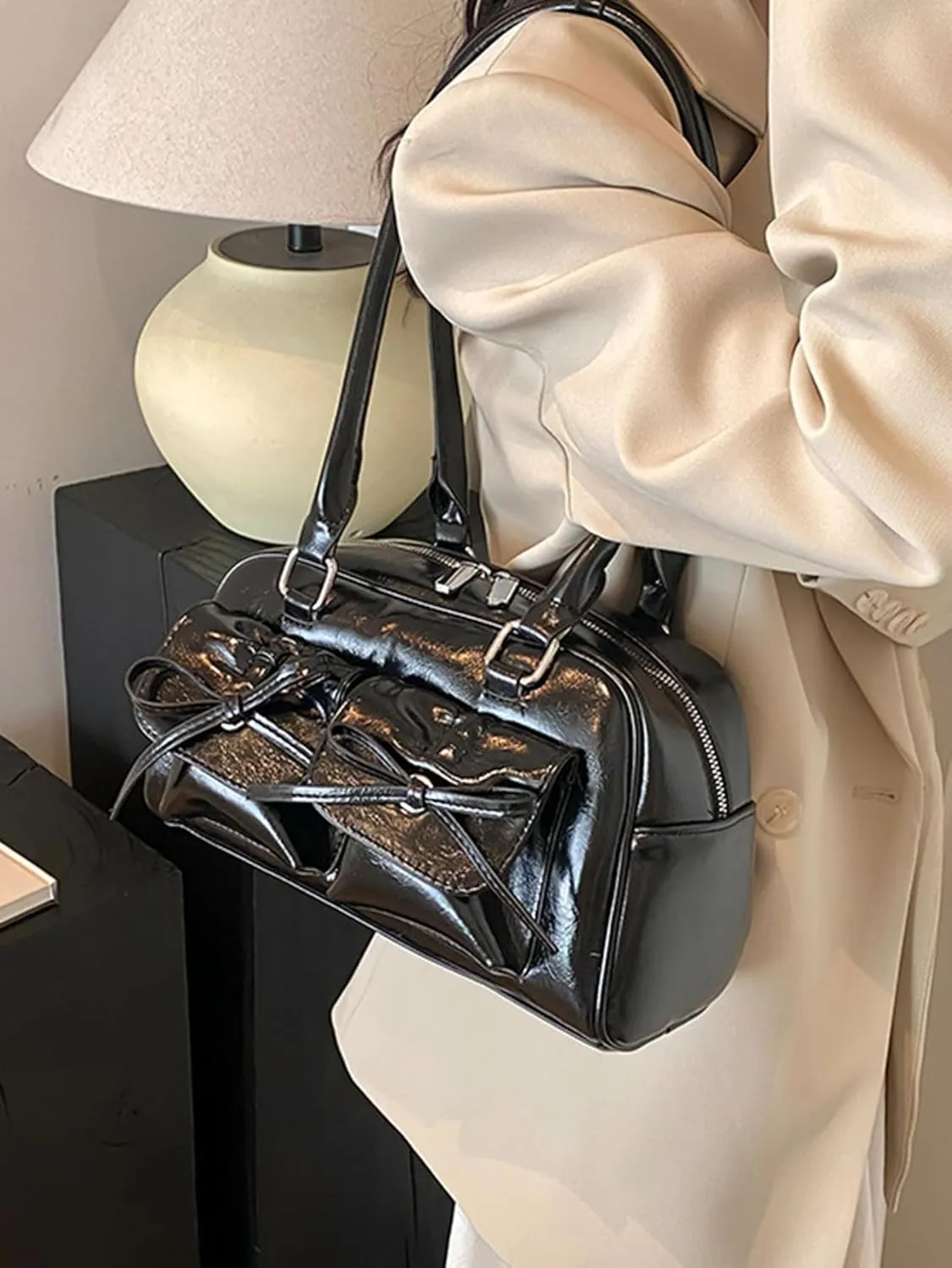 Women's Glossy Y2K Retro Hobo Bags PU Leather Underarm Purses Clutch Shoulder Strap Handbags