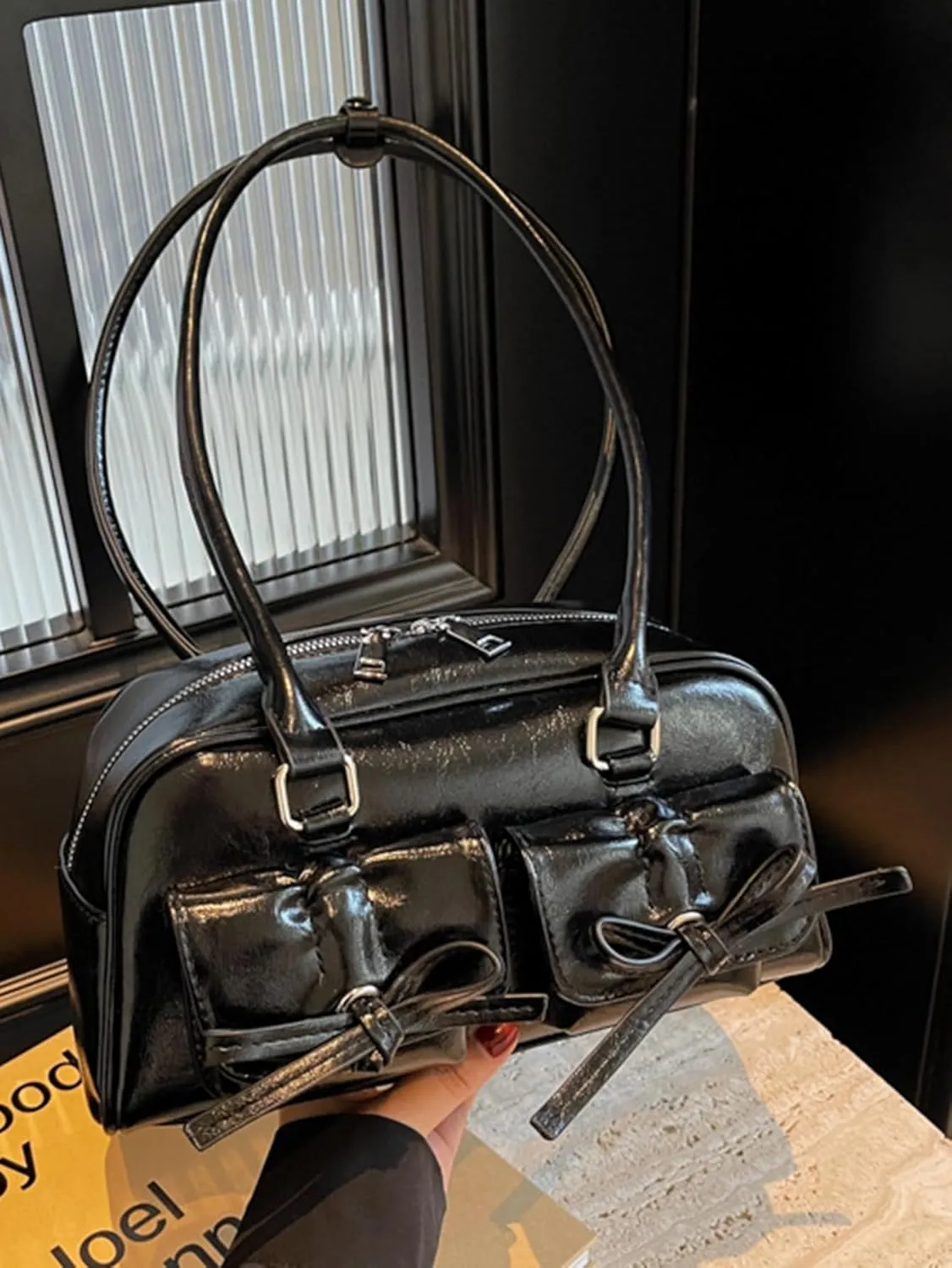 Women's Glossy Y2K Retro Hobo Bags PU Leather Underarm Purses Clutch Shoulder Strap Handbags