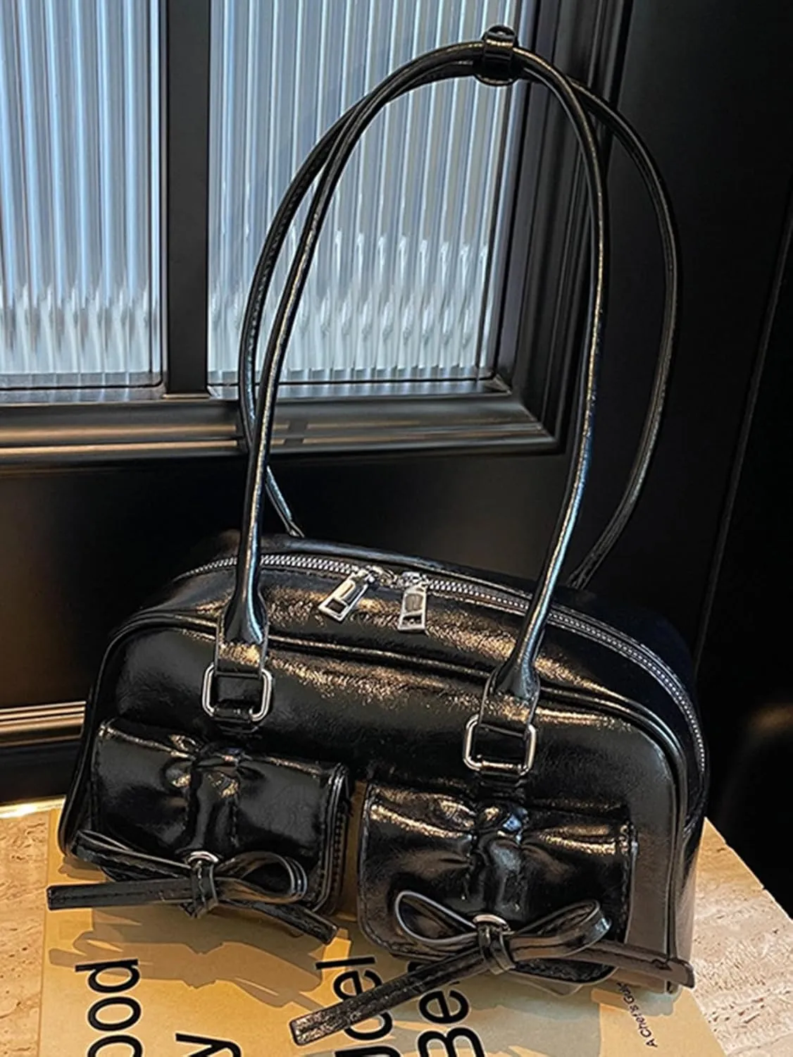 Women's Glossy Y2K Retro Hobo Bags PU Leather Underarm Purses Clutch Shoulder Strap Handbags