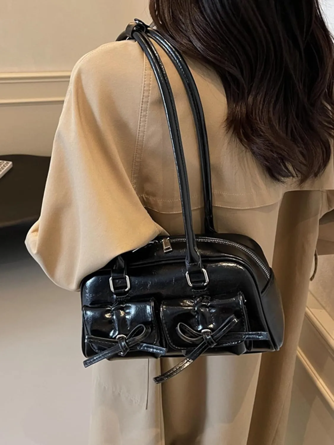 Women's Glossy Y2K Retro Hobo Bags PU Leather Underarm Purses Clutch Shoulder Strap Handbags