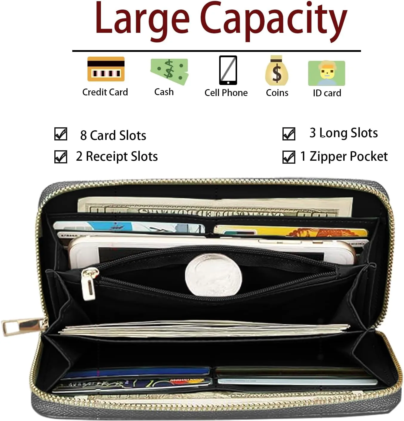 Women's Large Capacity Wallet, Shark Print Design Portable PU Leather Zip Around Wallet, Multifunctional Clutch Purse