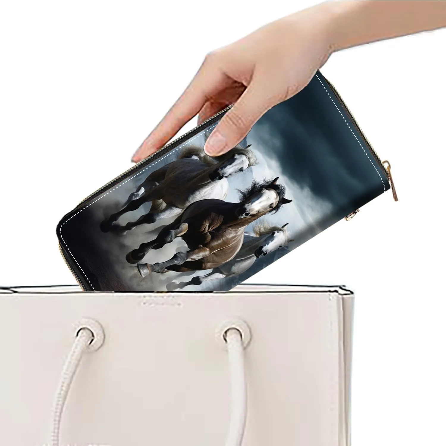 Women's Large Capacity Wallet, Shark Print Design Portable PU Leather Zip Around Wallet, Multifunctional Clutch Purse