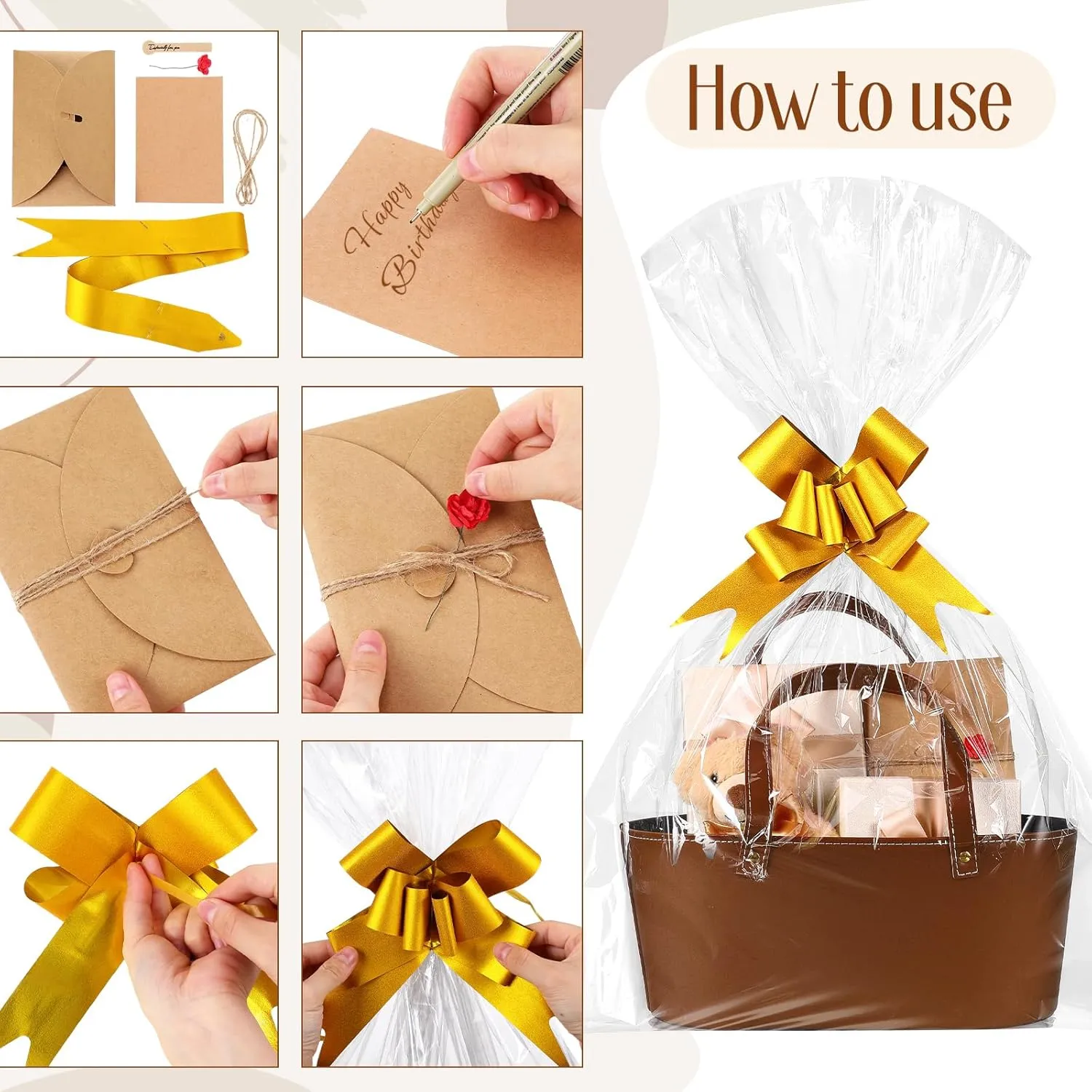 Wonderjune Leather Empty Gift Basket with Gift Bags Ribbons Greeting Cards Large Small Empty Basket Bag with Handle for Mother's Day, Birthday,easter, Housewarming Gift(Brown,Large)
