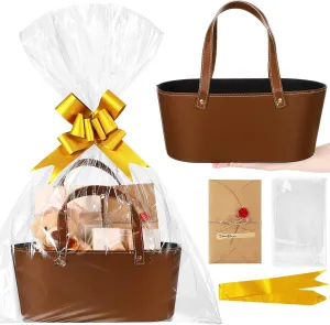 Wonderjune Leather Empty Gift Basket with Gift Bags Ribbons Greeting Cards Large Small Empty Basket Bag with Handle for Mother's Day, Birthday,easter, Housewarming Gift(Brown,Large)