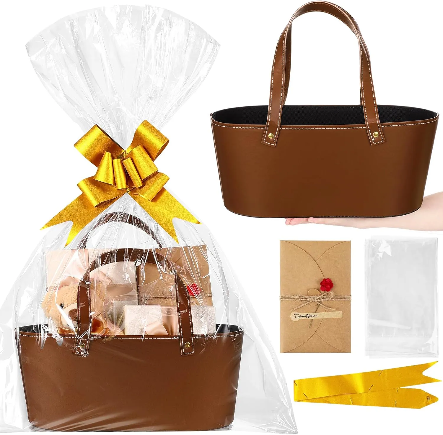 Wonderjune Leather Empty Gift Basket with Gift Bags Ribbons Greeting Cards Large Small Empty Basket Bag with Handle for Mother's Day, Birthday,easter, Housewarming Gift(Brown,Large)