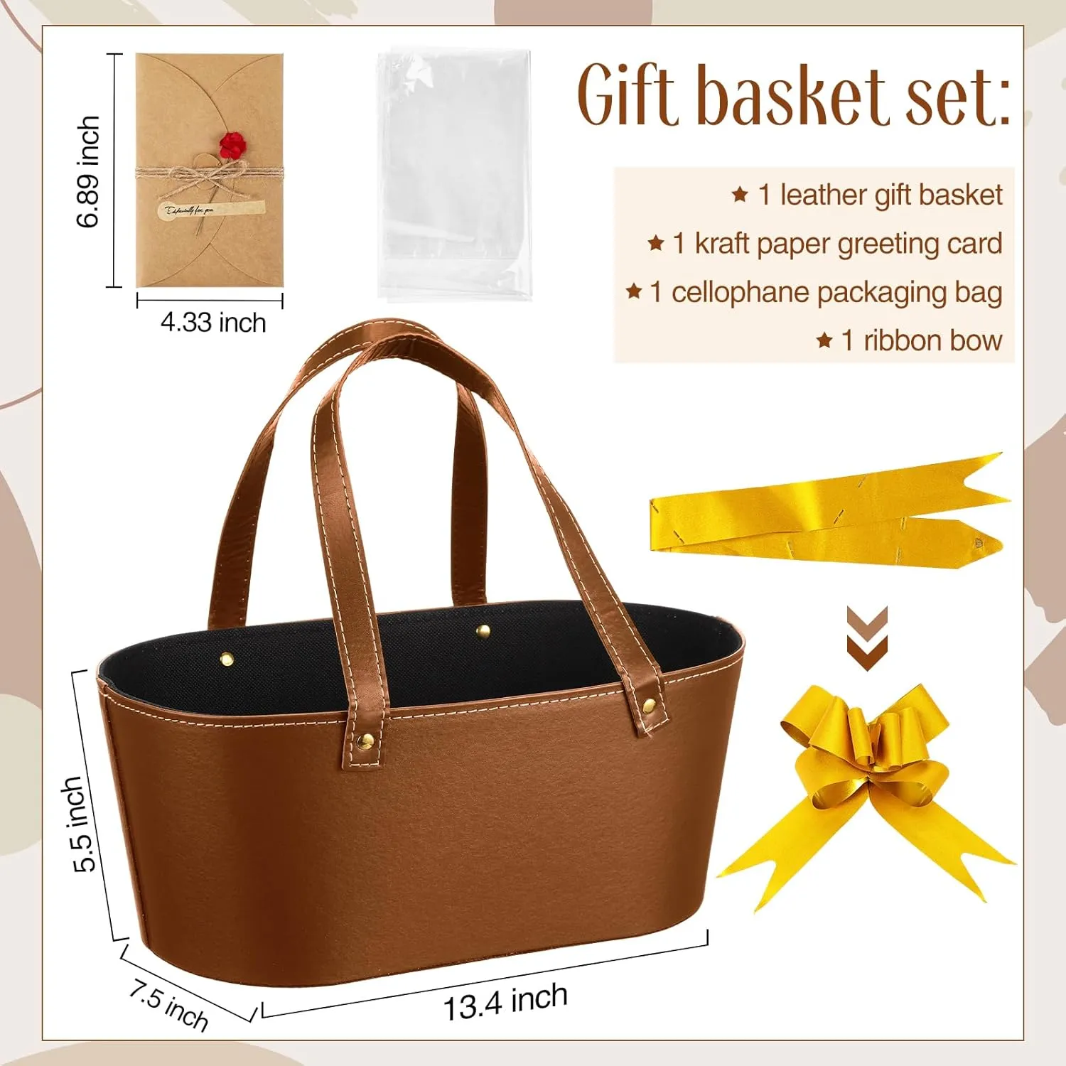 Wonderjune Leather Empty Gift Basket with Gift Bags Ribbons Greeting Cards Large Small Empty Basket Bag with Handle for Mother's Day, Birthday,easter, Housewarming Gift(Brown,Large)