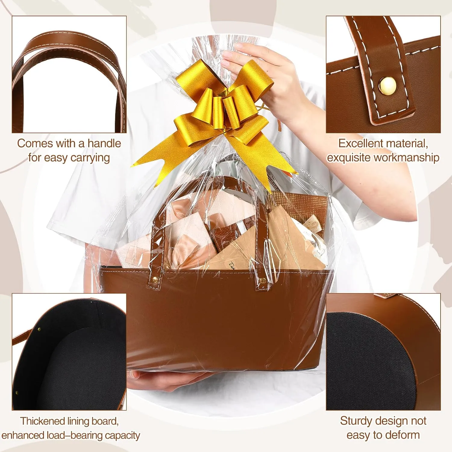 Wonderjune Leather Empty Gift Basket with Gift Bags Ribbons Greeting Cards Large Small Empty Basket Bag with Handle for Mother's Day, Birthday,easter, Housewarming Gift(Brown,Large)
