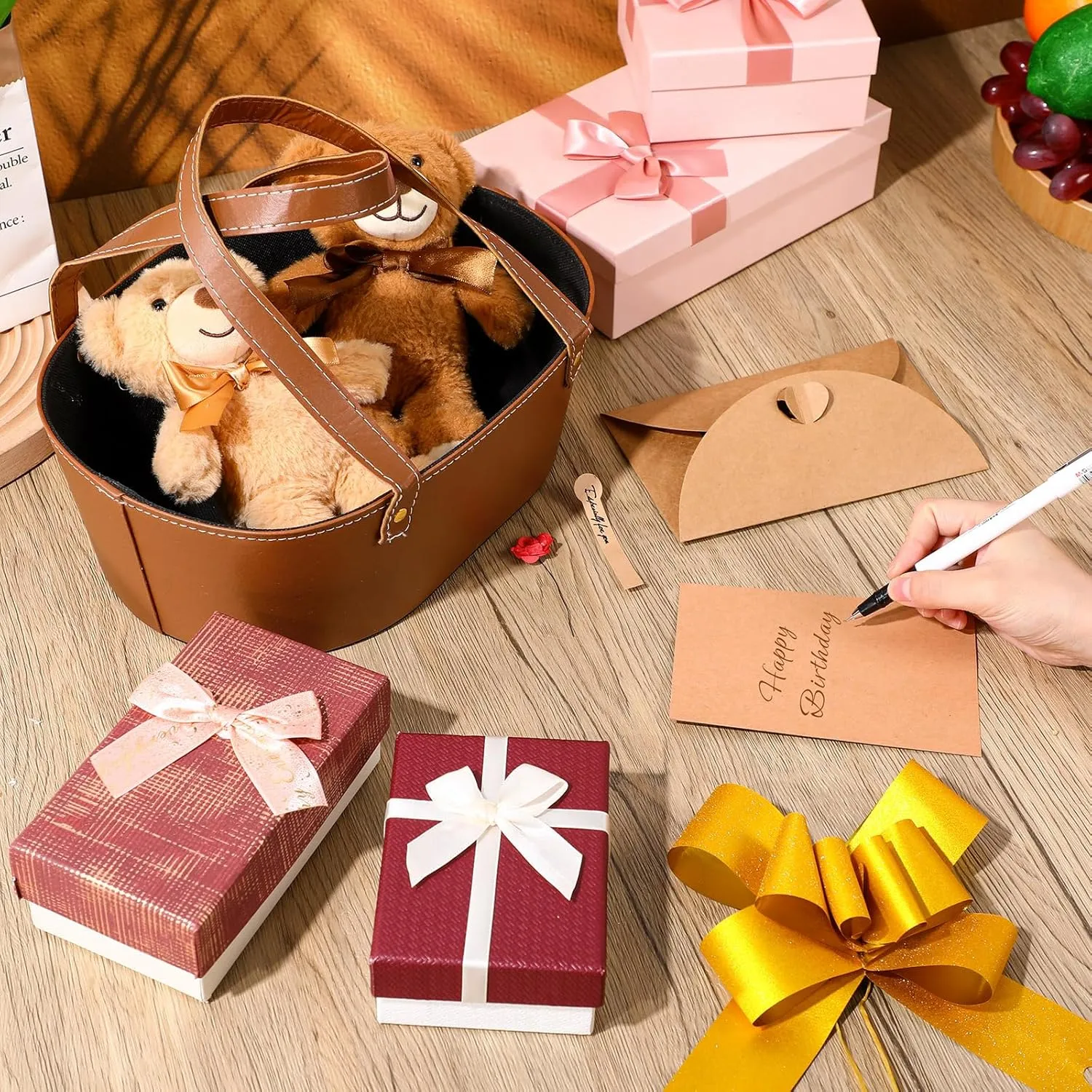 Wonderjune Leather Empty Gift Basket with Gift Bags Ribbons Greeting Cards Large Small Empty Basket Bag with Handle for Mother's Day, Birthday,easter, Housewarming Gift(Brown,Large)