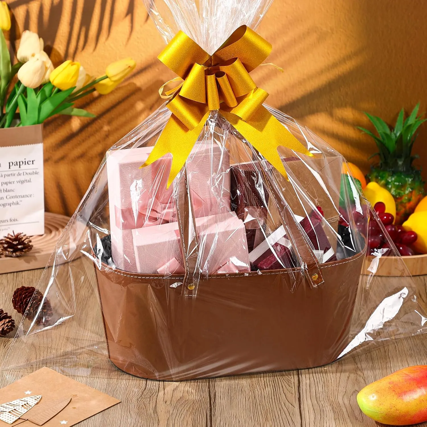 Wonderjune Leather Empty Gift Basket with Gift Bags Ribbons Greeting Cards Large Small Empty Basket Bag with Handle for Mother's Day, Birthday,easter, Housewarming Gift(Brown,Large)