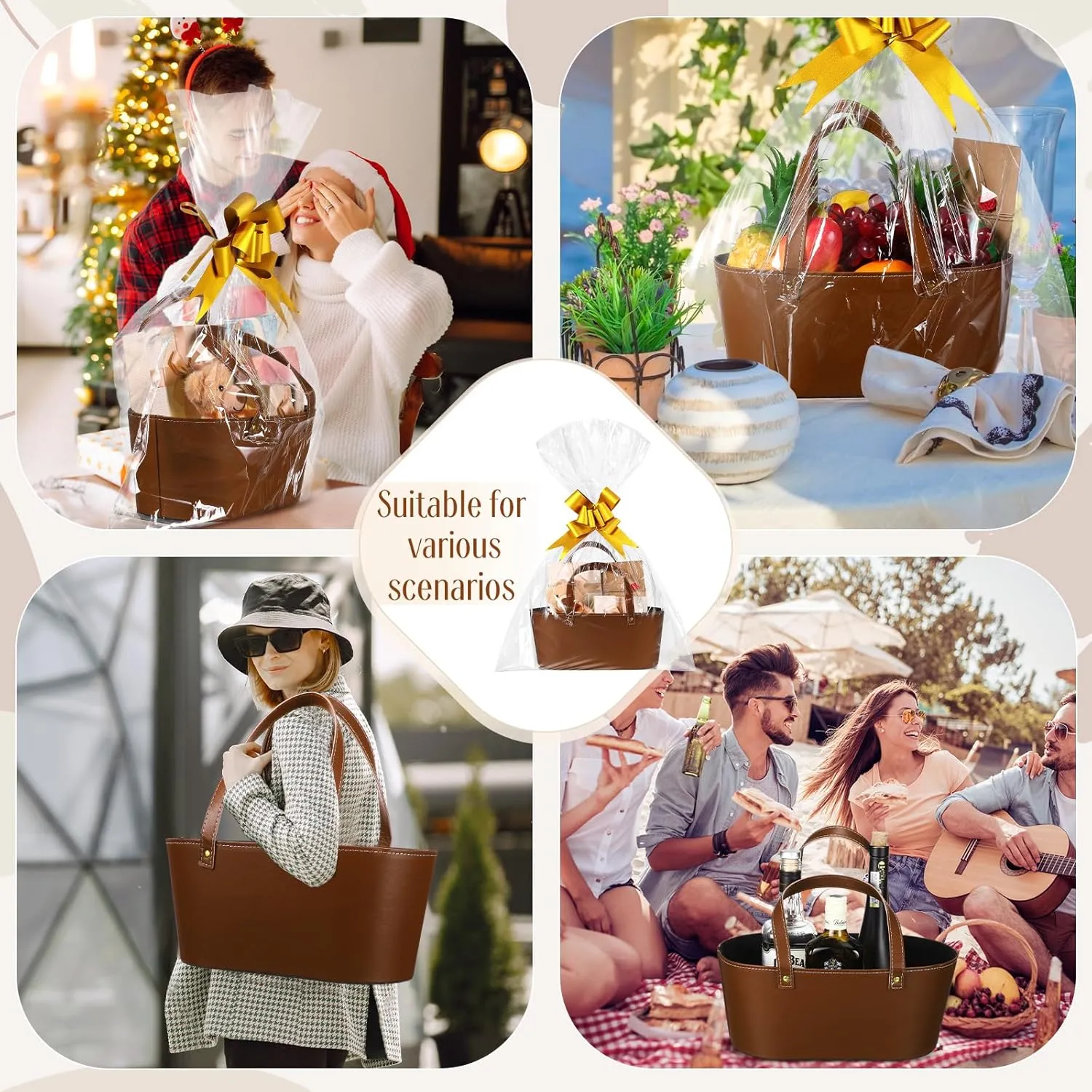 Wonderjune Leather Empty Gift Basket with Gift Bags Ribbons Greeting Cards Large Small Empty Basket Bag with Handle for Mother's Day, Birthday,easter, Housewarming Gift(Brown,Large)