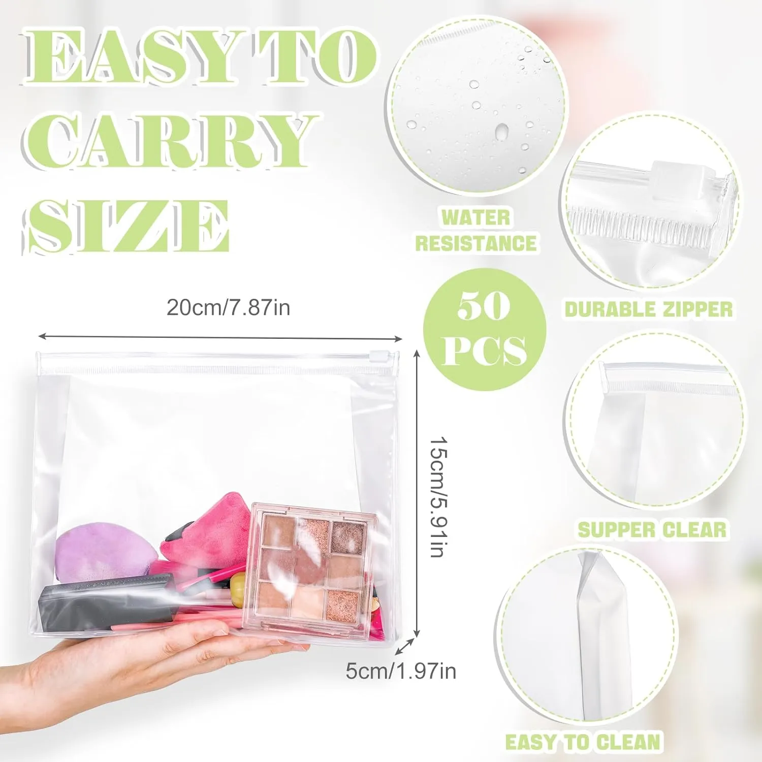 Xuniea 50 Pieces Mini Clear Makeup Bag Small Clear Zipper Pouch Travel Bag for Toiletries Plastic Cosmetic Organizer Waterproof for Women Men Vacation(7.87 x 5.91 x 1.97 In,Transparent)