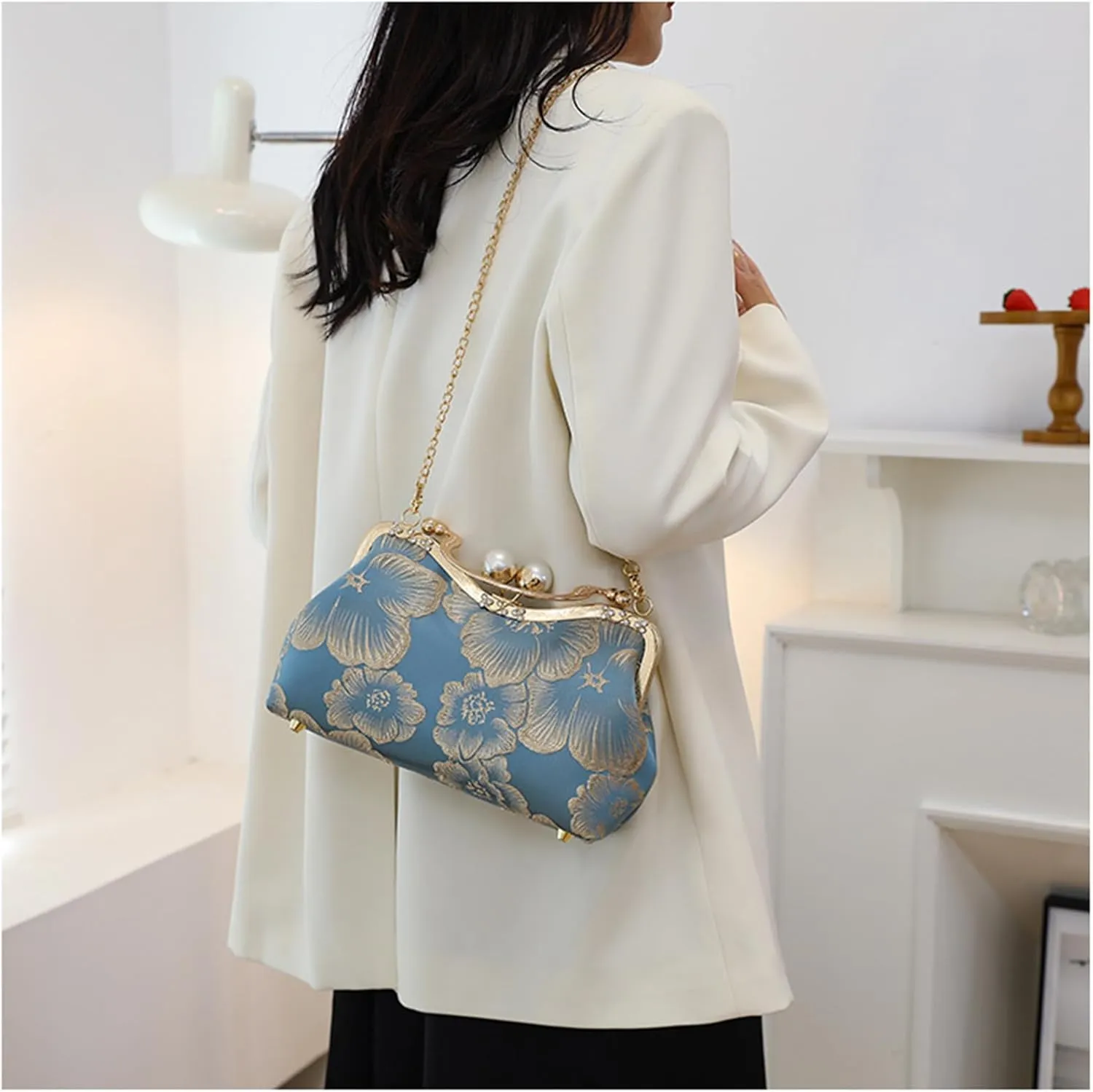 YeBon Retro Shoulder Chain Messenger Clutch Chinese Style Embroidered Jacquard Women's Evening Bags L