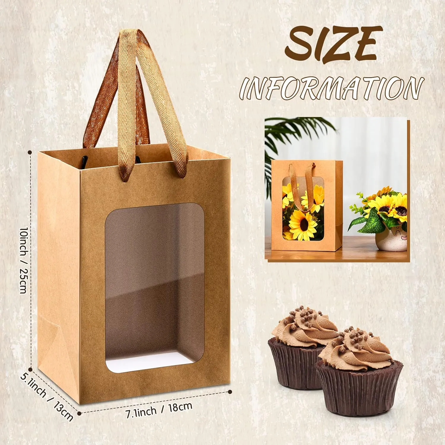 Yexiya 15 Pcs Black Paper Gift Bags with Transparent Window, 7 x 5 x 10 Inch, Kraft Shopping Bags for Wedding, Birthday, Festivals, Party Present Wrapping(Kraft Color)