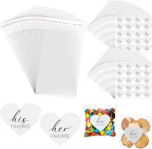 Yexiya 200 Set His Her Favorite Stickers Candy Bags Wedding Favor Stickers 4x6 Inches Cellophane Bags That Seal Themselves for Wedding Favor Labels Guest Welcome Bag Stuffers Bulk(White)