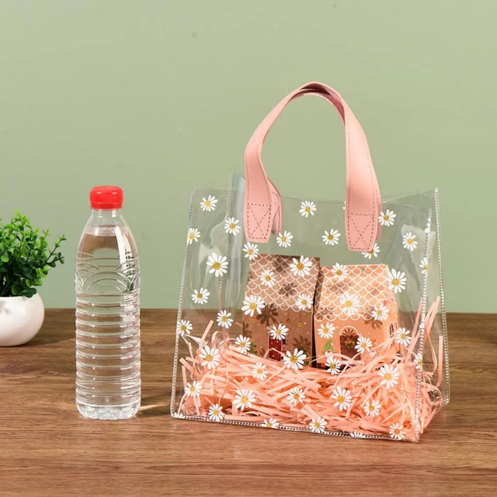 YMASELA Clear Gift Wrap Bag with Handles (9.8X9.1X5.5'',2pcs)Heavy Duty Plastic Waterproof Gift Packing Bag for Party, Reusable Merchandise Retail Transparent PVC Shopping Tote Bags for Package Candy