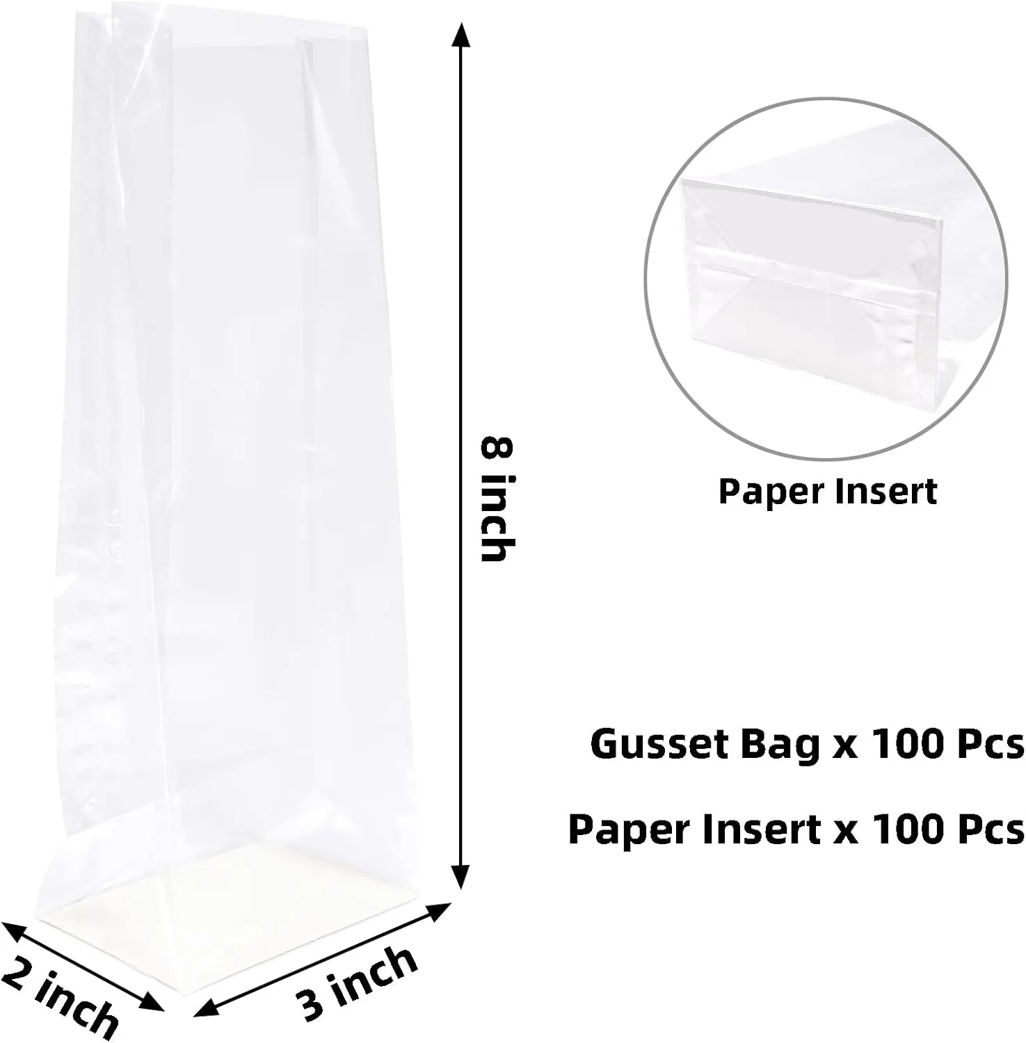 Yotelab Flat Bottom Cellophane Bags, 3x2x8 Inches Gusseted Cellophane Bags With Paper Insert,100 Pieces